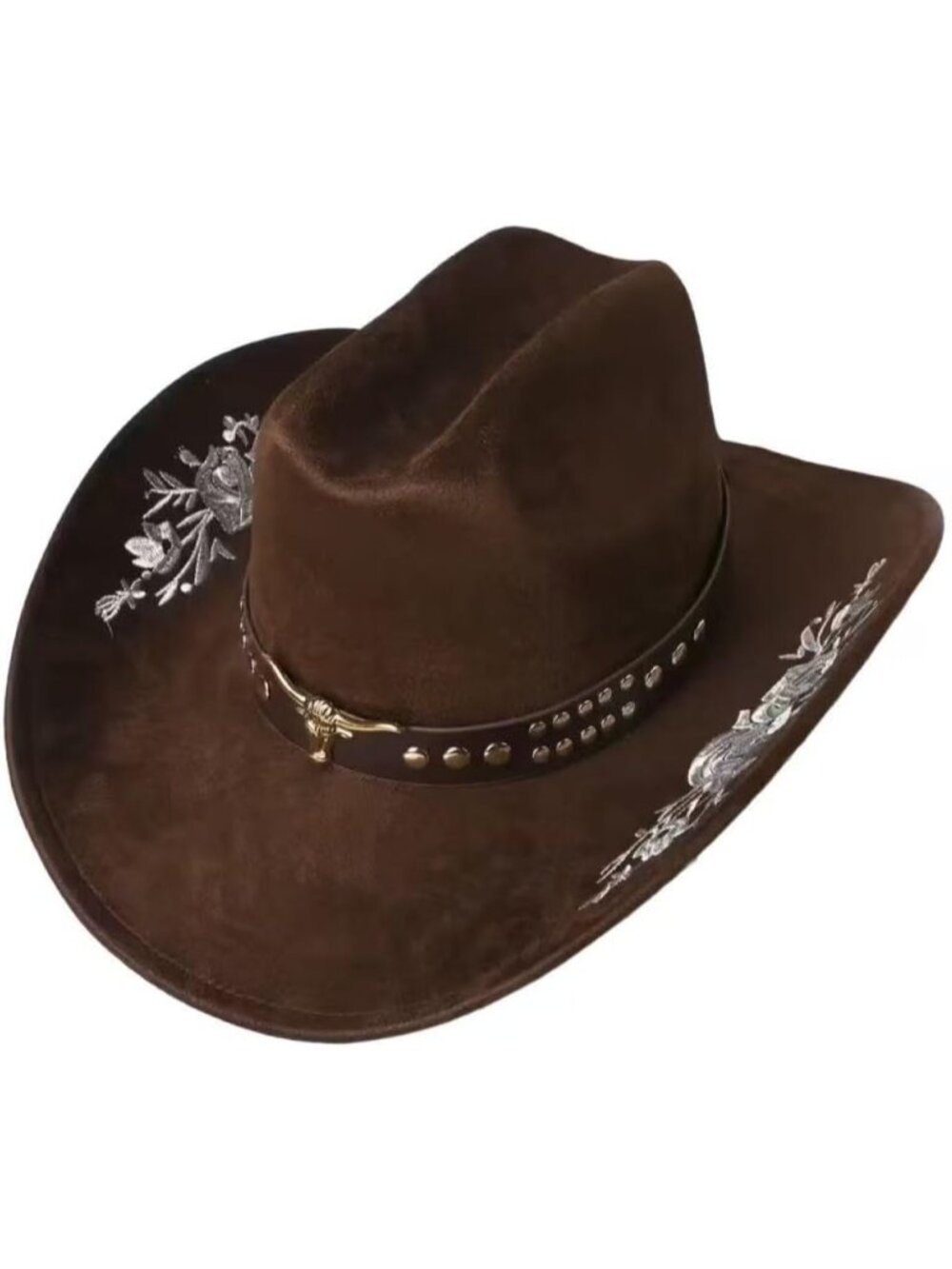Unisex Coffee Floral Embroidery Wide Brim Rodeo Halloween Felt Party Hat